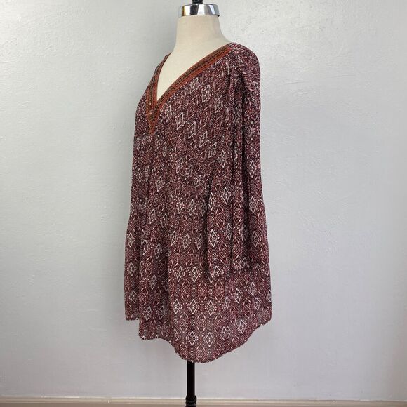 Catherines Womens Tunic Blouse 14/16 0X Boho Pleated Beaded 3/4 Bell Sleeves - Picture 6 of 10